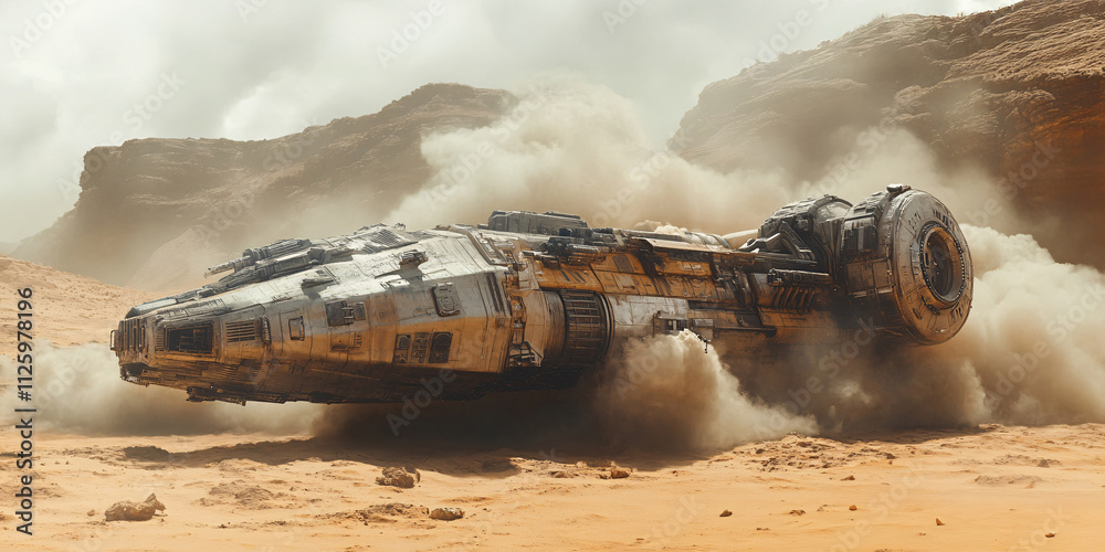 Fototapeta premium A spaceship crash-lands on a desolate, sandy desert planet,