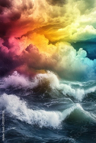 Stormy Sea with Rainbow Cloud and Towering Waves.
