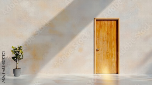 A wooden door stands against a softly lit wall, accompanied by a potted plant, creating a serene and minimalist atmosphere.