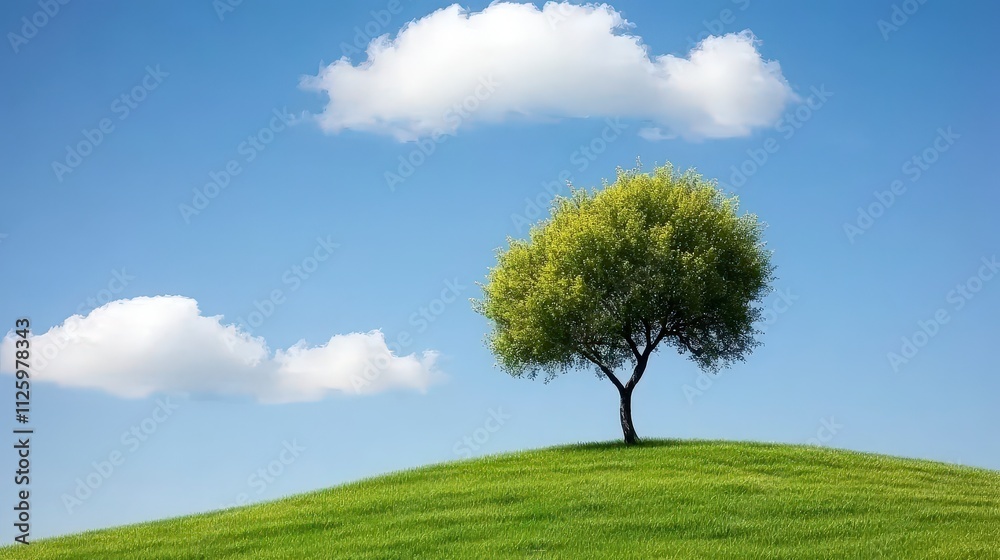 Serene Spring Landscape Single Tree on Green Hill Blue Sky Clouds Serene Spring Landscape Single Tree on Green Hill Blue Sky Clouds