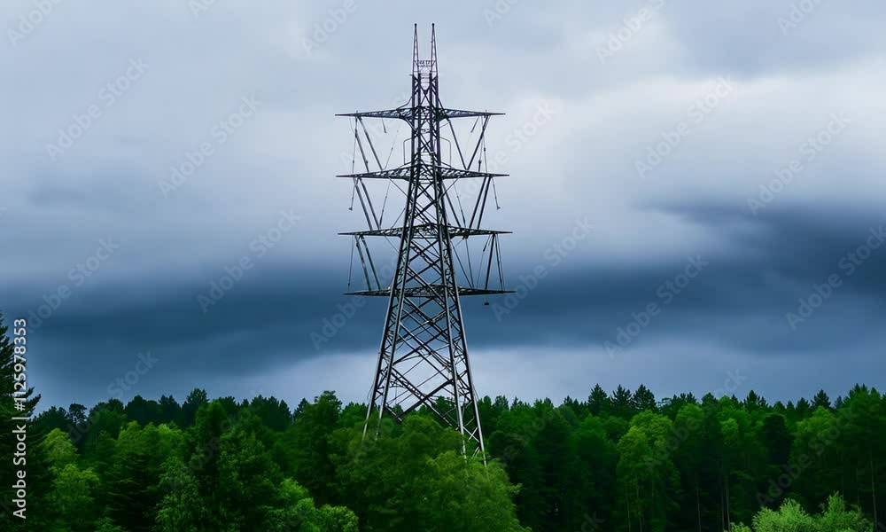 A tall power transmission tower stands against a dark, cloudy sky and dense forest backdrop.