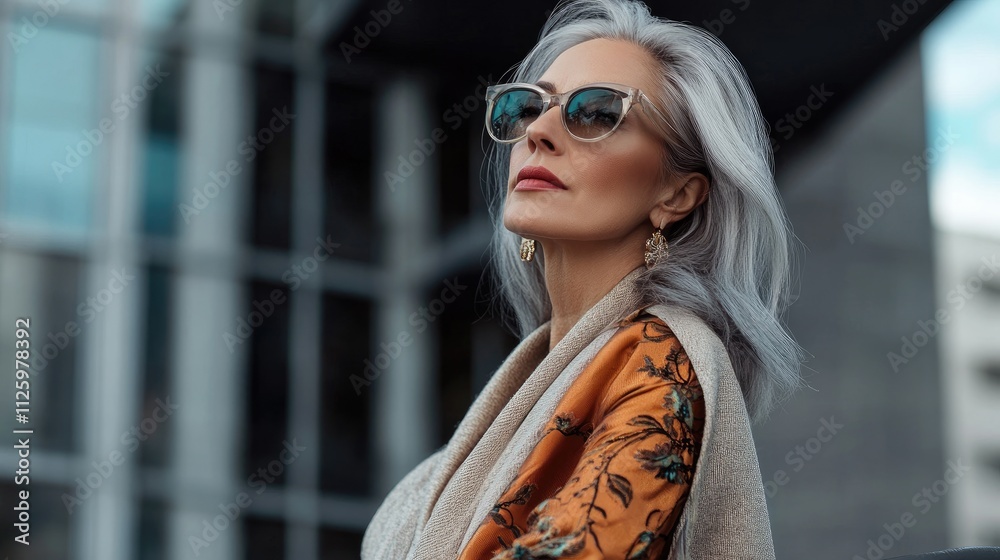 Confident mature woman with gray hair and sunglasses, outdoors.