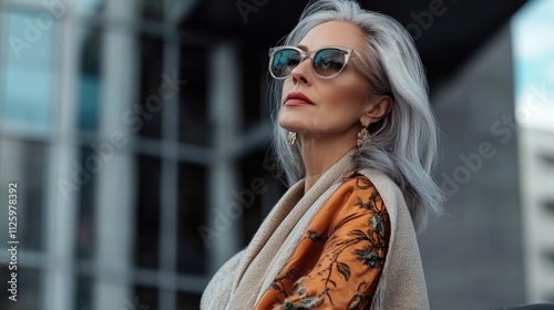 Obraz na płótnie Confident mature woman with gray hair and sunglasses, outdoors. w salonie