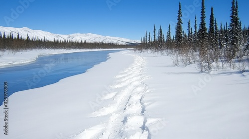 Wallpaper Mural Serene Winter River Landscape  Snow Covered Path  Frozen River  Coniferous Forest  Mountai Torontodigital.ca