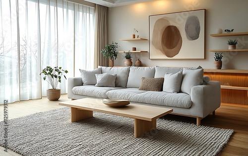 Bright living room with white sofa, wooden furniture, and abstract art. photo