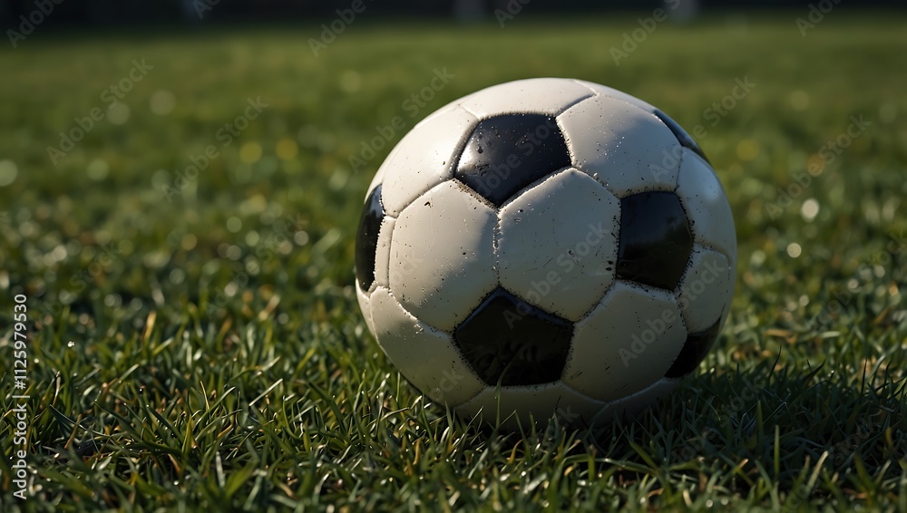 Fototapeta premium A slightly dirty soccer ball rests on green grass