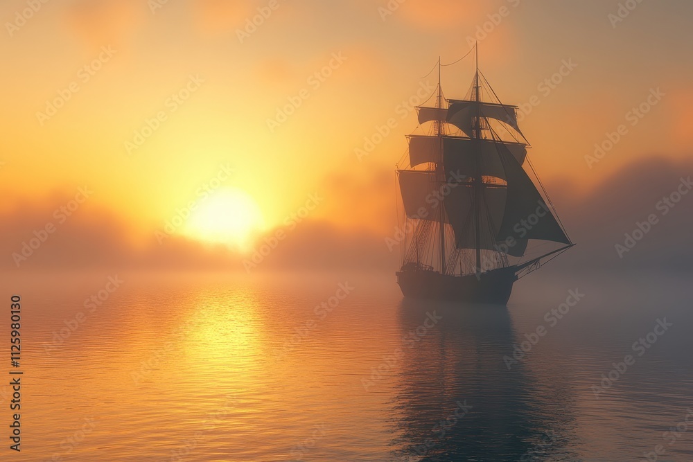 Fototapeta premium Sunset sailboat on calm sea, misty fog. Perfect for travel, adventure, freedom themes.