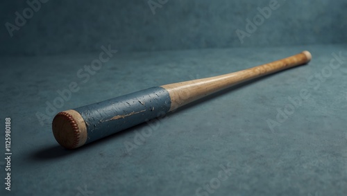 Worn Baseball Bat Resting On A Blue Surface