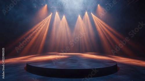Dark stage with spotlights and circular platform.