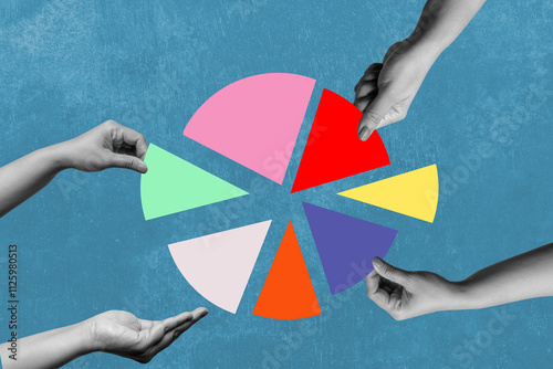 Human hands holding slices of different pie charts on a colored background. Concept of business or financial chart