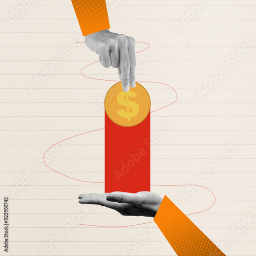 Human hand give golden coins with dollar signs to other people with a colored background
