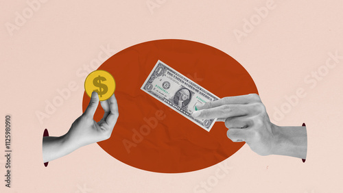 Human hand holding dollar banknotes and a golden dollar coin on a colored background