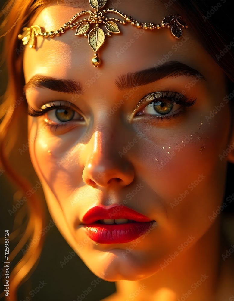 Close-up of a woman with green eyes, a golden leaf headpiece, glowing skin, and warm sunlight accents, perfect for beauty or fashion themes. Close-up of a woman with green eyes, a golden leaf headpiece, glowing skin, and warm sunlight accents, perfect for beauty or fashion themes.
