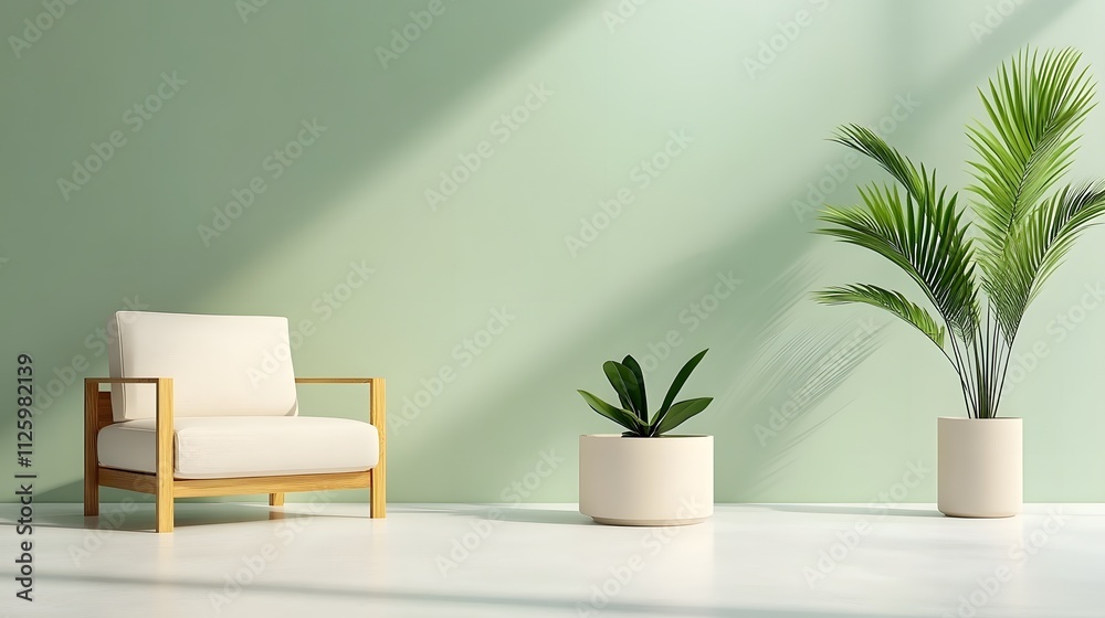 Minimalist living space with light green walls featuring indoor plants modern design tranquil environment photography perspective home decor concept