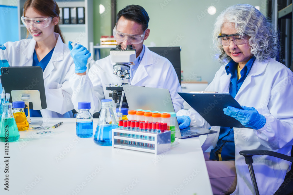 Two Asian men and women sit at a table in a laboratory, conducting research on liquids. They use microscopes, petri dishes, and test tubes filled with various chemicals for analysis Two Asian men and women sit at a table in a laboratory, conducting research on liquids. They use microscopes, petri dishes, and test tubes filled with various chemicals for analysis