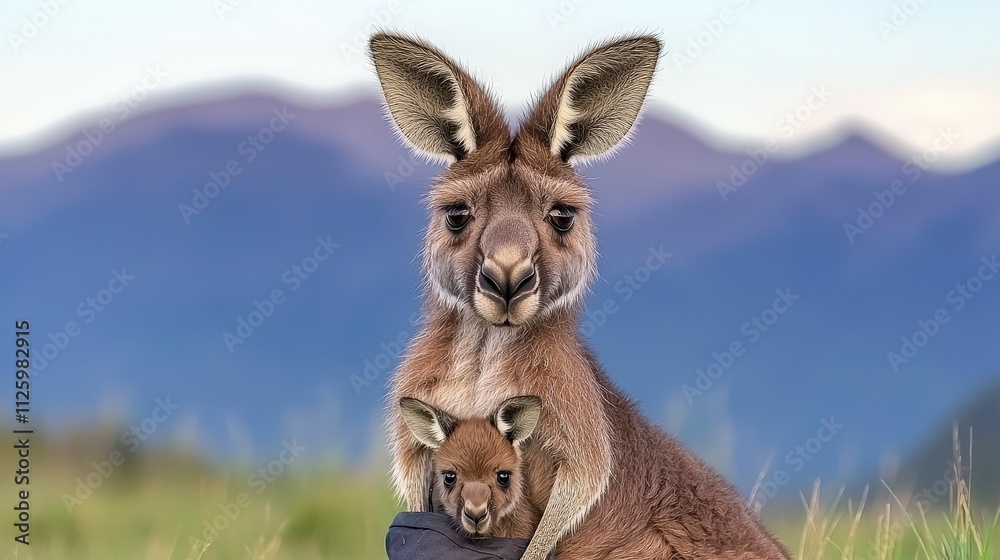 Fototapeta premium Aussie Kangaroo Mom Joey in Outback Landscape
