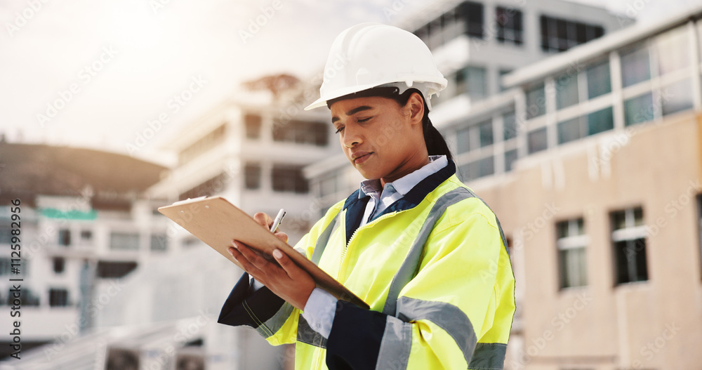 Woman, engineer and clipboard in city for checklist, inspection notes and safety compliance. Supervisor, writing and outdoor with documents for urban development, project management and architecture