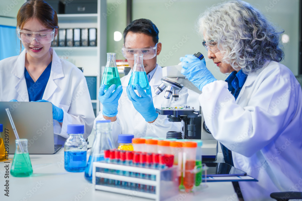 Two Asian men and women sit at a table in a laboratory, conducting research on liquids. They use microscopes, petri dishes, and test tubes filled with various chemicals for analysis Two Asian men and women sit at a table in a laboratory, conducting research on liquids. They use microscopes, petri dishes, and test tubes filled with various chemicals for analysis