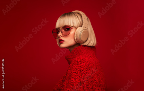 Blond woman model with red sweater and sunglasses wearing a headphone on red background photo