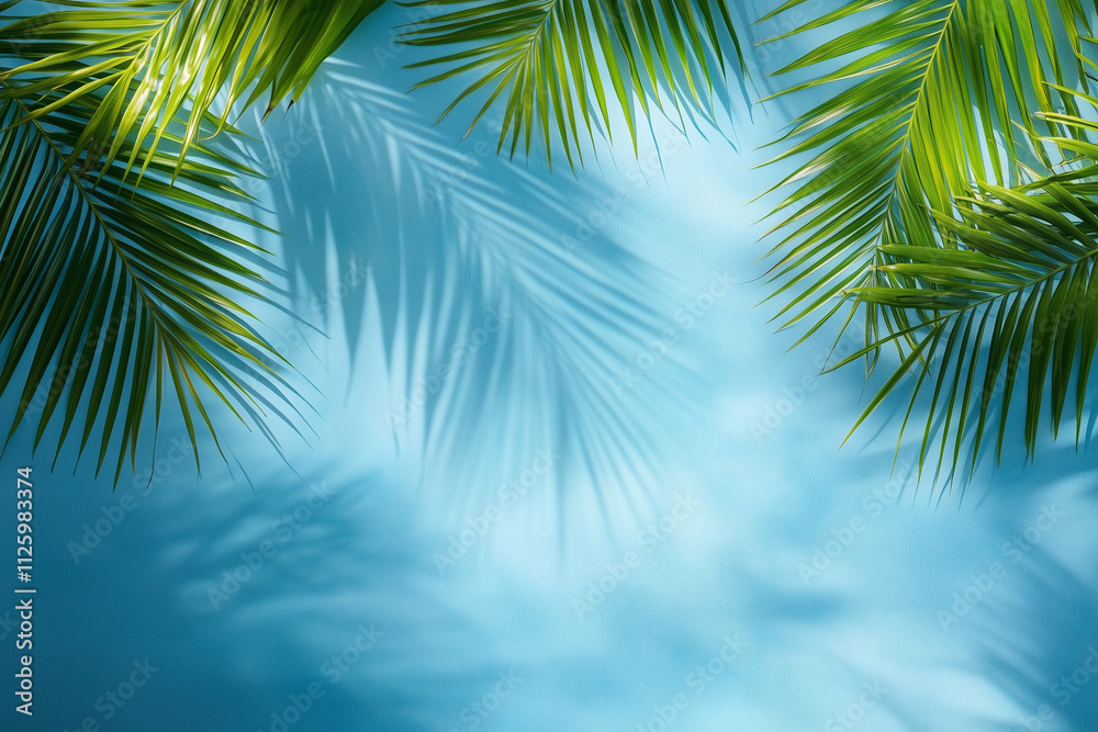 Top view of a blue calm and clear calm water surface, water texture with ripples and shadow of palm Leafs, Zen and relaxing background, summer concept Top view of a blue calm and clear calm water surface, water texture with ripples and shadow of palm Leafs, Zen and relaxing background, summer concept