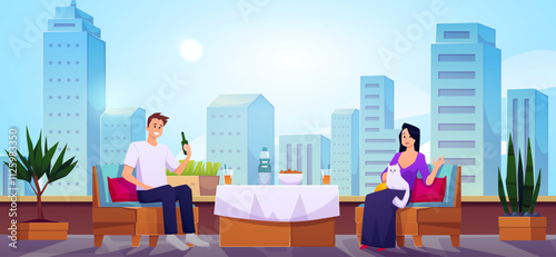 Vector illustration of rooftop view with characters sitting at restaurant table.
