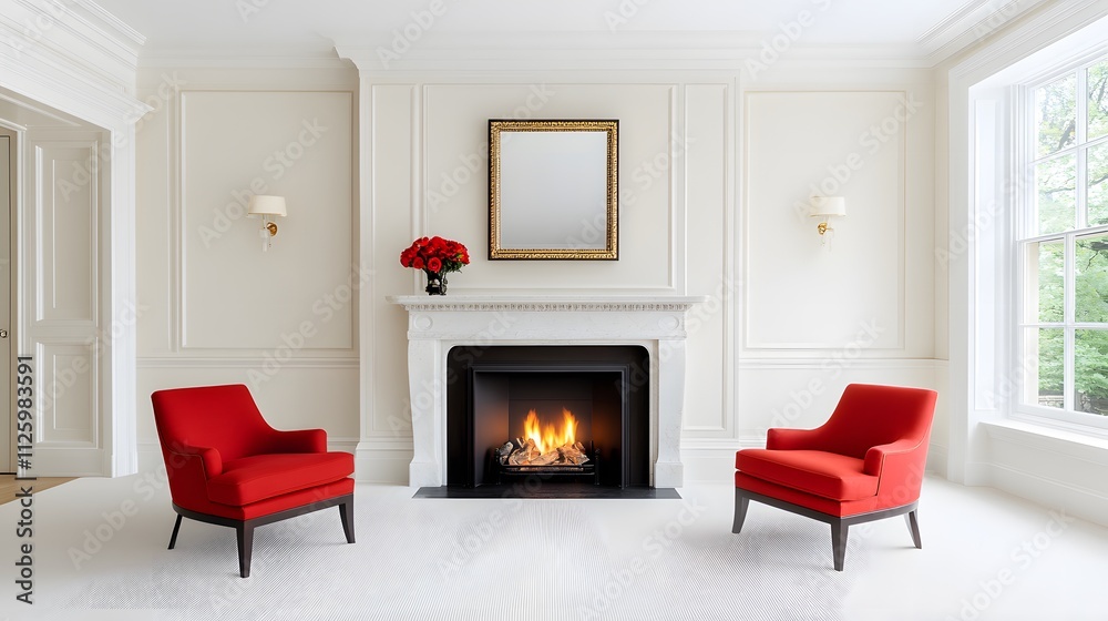 Elegant living room with classic marble fireplace and red chairs bright interior cozy atmosphere modern design concept