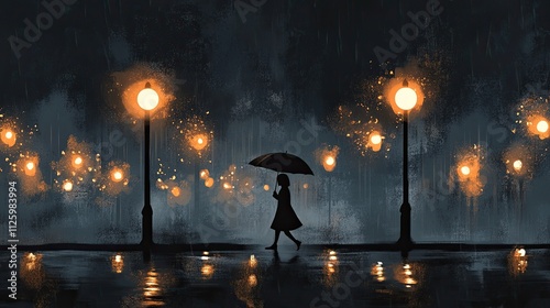 Silhouette of a woman with umbrella walking in rain at night, illuminated by streetlights.