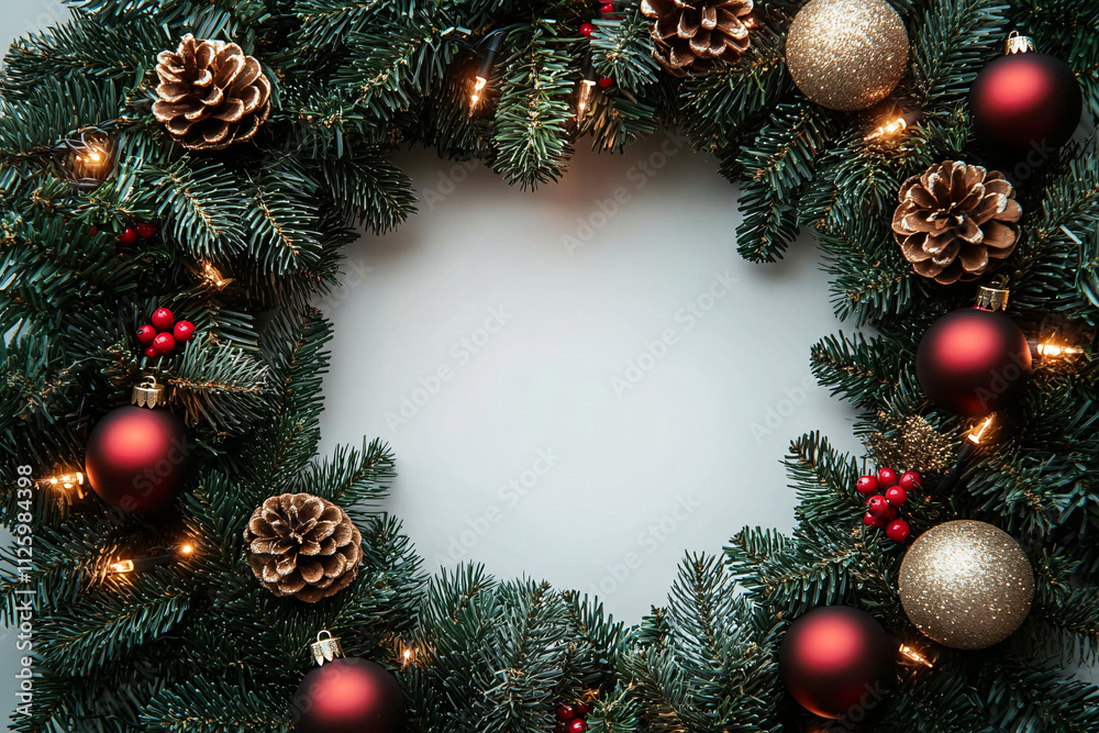 A cozy Christmas wreath featuring rich greens, deep reds, and gold ornaments, ideal for holiday greetings, invitations, and festive decor. A cozy Christmas wreath featuring rich greens, deep reds, and gold ornaments, ideal for holiday greetings, invitations, and festive decor.