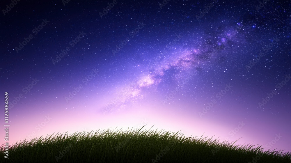Fototapeta premium Serene Night Sky over Grassy Hill Starry Milky Way Galaxy Background