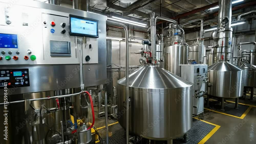 A modern industrial factory interior with large stainless steel tanks and control panels for manufacturing processes, 4k video