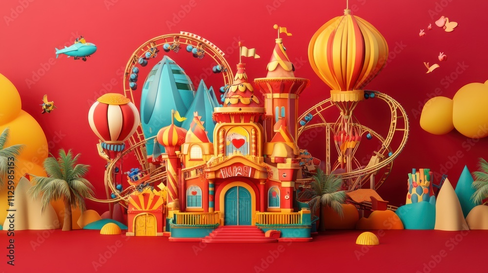 A whimsical fairytale amusement park castle scene A whimsical fairytale amusement park castle scene