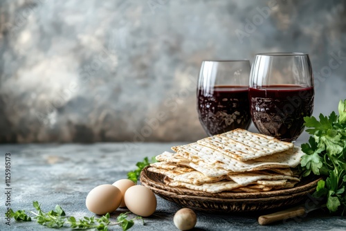 Traditional Passover seder elements with matzo wine and eggs for spring holiday celebration. Jewish holiday. Horizontal banner, poster, greeting card. Happy Passover. Copy space photo