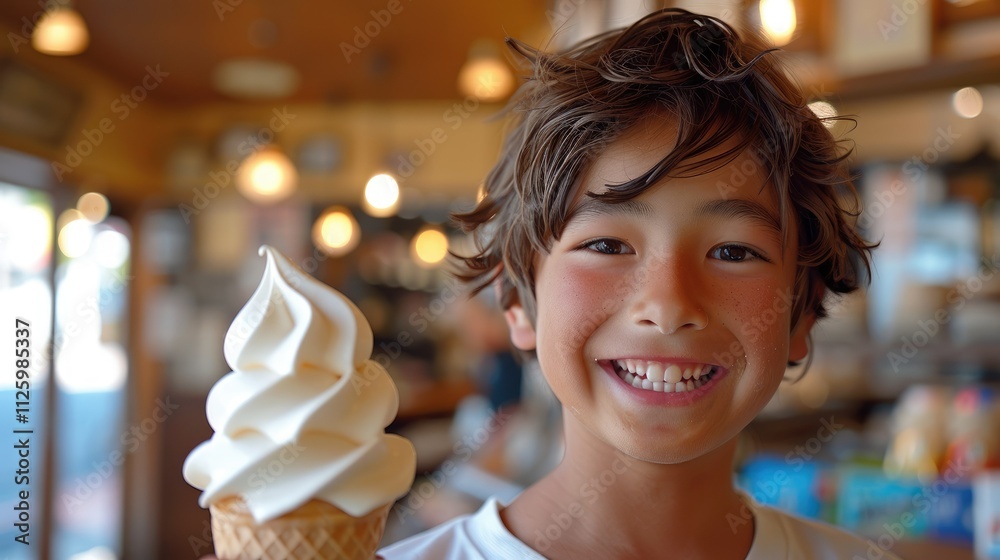 Happy boy holding a soft serve ice cream cone in a cafe. Happy boy holding a soft serve ice cream cone in a cafe.