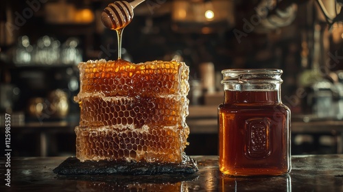 Golden Honeycomb accompanied by a Jar of allNatural Honey for delicious cooking and baking photo