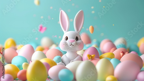 A cheerful bunny figurine surrounded by pastel-colored eggs