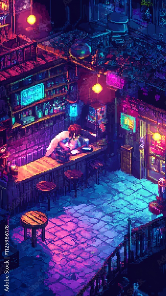 Obraz premium Night bar scene, pixel art, 