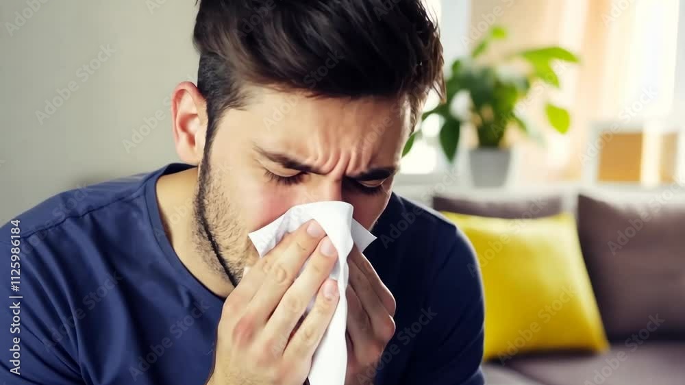 Man experiencing discomfort while dealing with allergy symptoms at home in a cozy living room