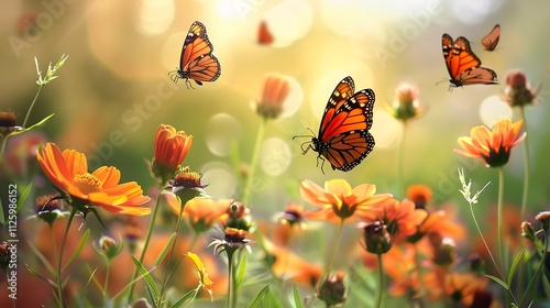 A cheerful spring scene with butterflies fluttering around flowers photo