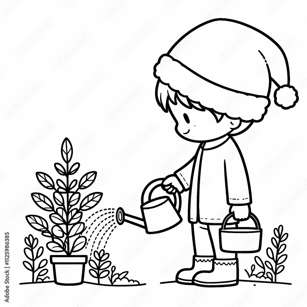 Blank coloring book illustration, a child wearing a Christmas hat is watering plants.