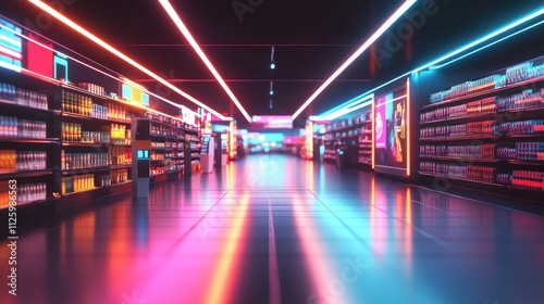 Neon Lit Supermarket Aisles Showcase Products