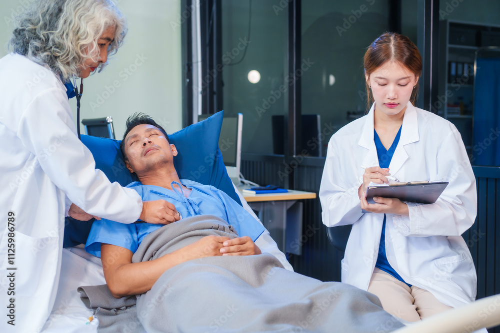 Two female doctors examine a patient lying on a hospital bed,discuss the medical chart,administer medicine,and provide encouragement, ensuring compassionate care and fostering the patient's recovery Two female doctors examine a patient lying on a hospital bed,discuss the medical chart,administer medicine,and provide encouragement, ensuring compassionate care and fostering the patient's recovery