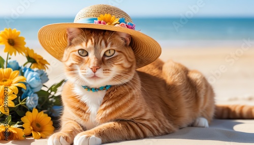 A charming ginger cat wearing a straw hat adorned with flowers sits gracefully on a sunny beach, with the ocean waves in the background. photo