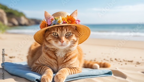 A charming ginger cat wearing a straw hat adorned with flowers sits gracefully on a sunny beach, with the ocean waves in the background. photo