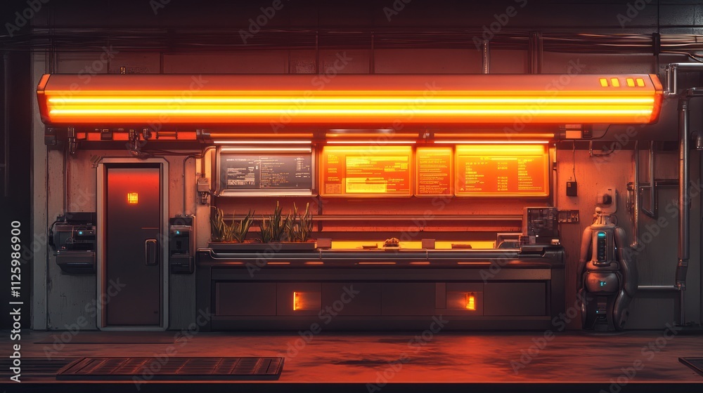 Futuristic Neon Lit Food Stall With Robot Futuristic Neon Lit Food Stall With Robot