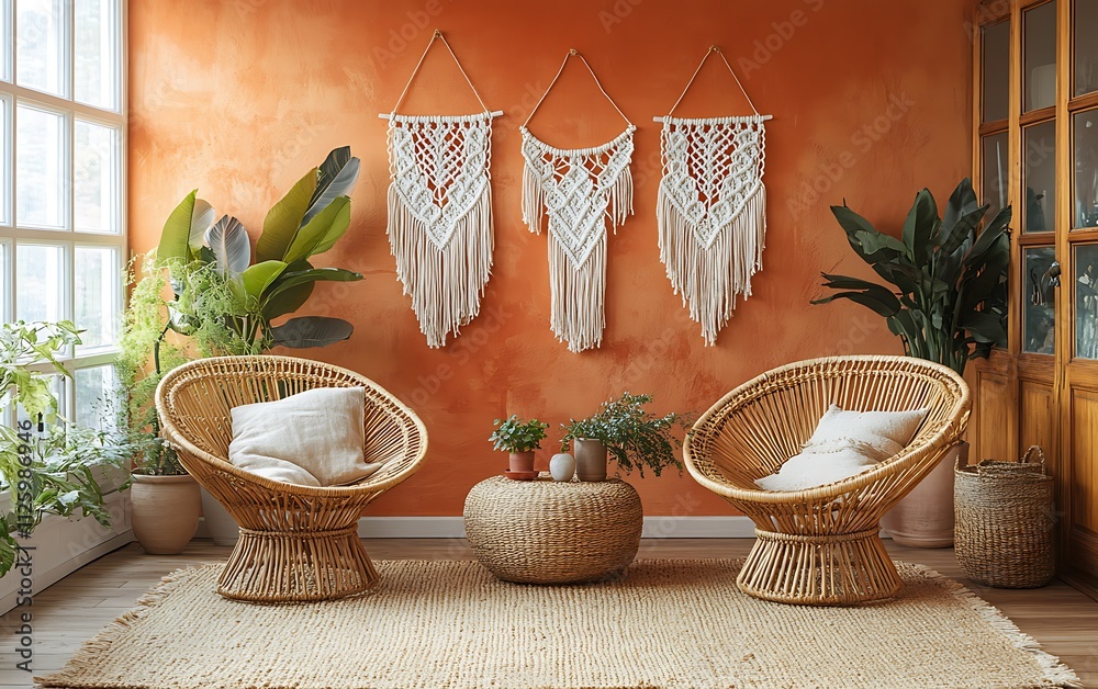 Fototapeta premium Stylish ethnic interior with wicker furniture and macrame.