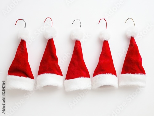 festive red santa hats hanging on a wall photo