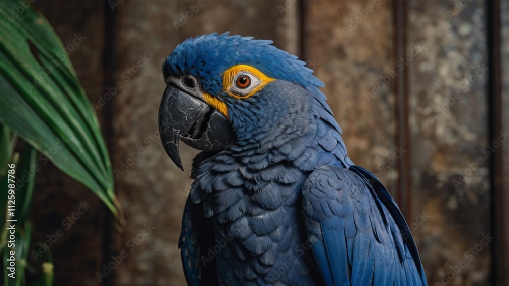 Obraz premium Cute Parrot, Hyacinth Macaw, Bird, Beautiful Pet, A close-up Portrait, Animal, Marble, Home, Indoor, Wallpaper, Screensaver, Background