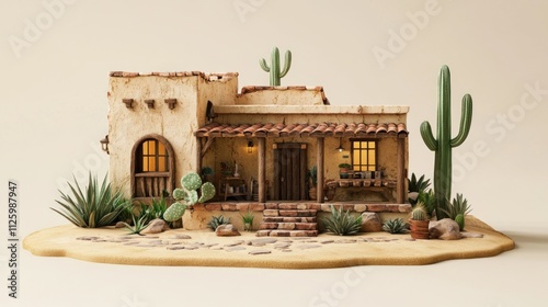 Desert Adobe House with Cactus and Plants photo