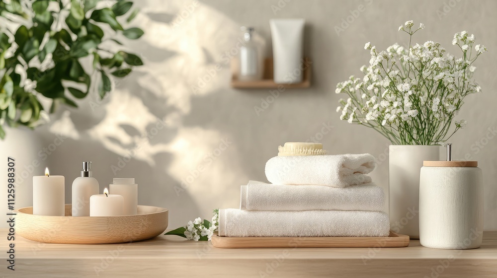 Tranquil Spa Inspired Setting with Soft Towels, Decorative Candles, Fresh Flowers and Minimalist Objects for Home Wellness and Relaxation Tranquil Spa Inspired Setting with Soft Towels, Decorative Candles, Fresh Flowers and Minimalist Objects for Home Wellness and Relaxation