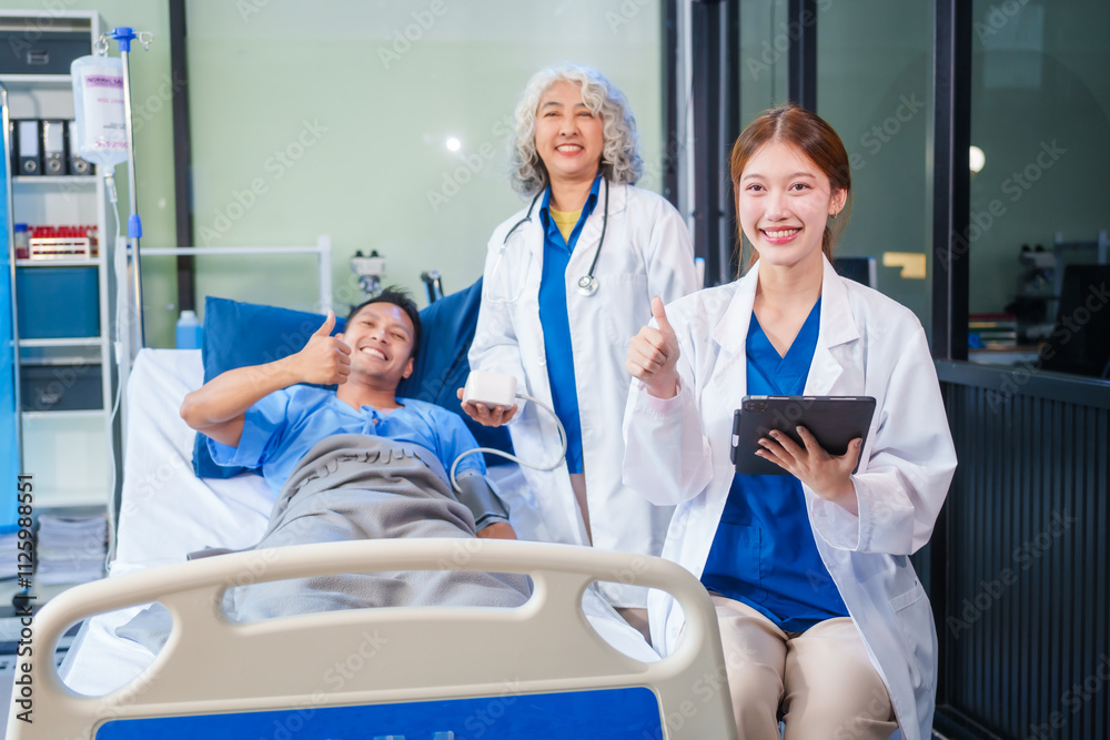 Obraz premium Two female doctors examine a patient lying on a hospital bed,discuss the medical chart,administer medicine,and provide encouragement, ensuring compassionate care and fostering the patient's recovery